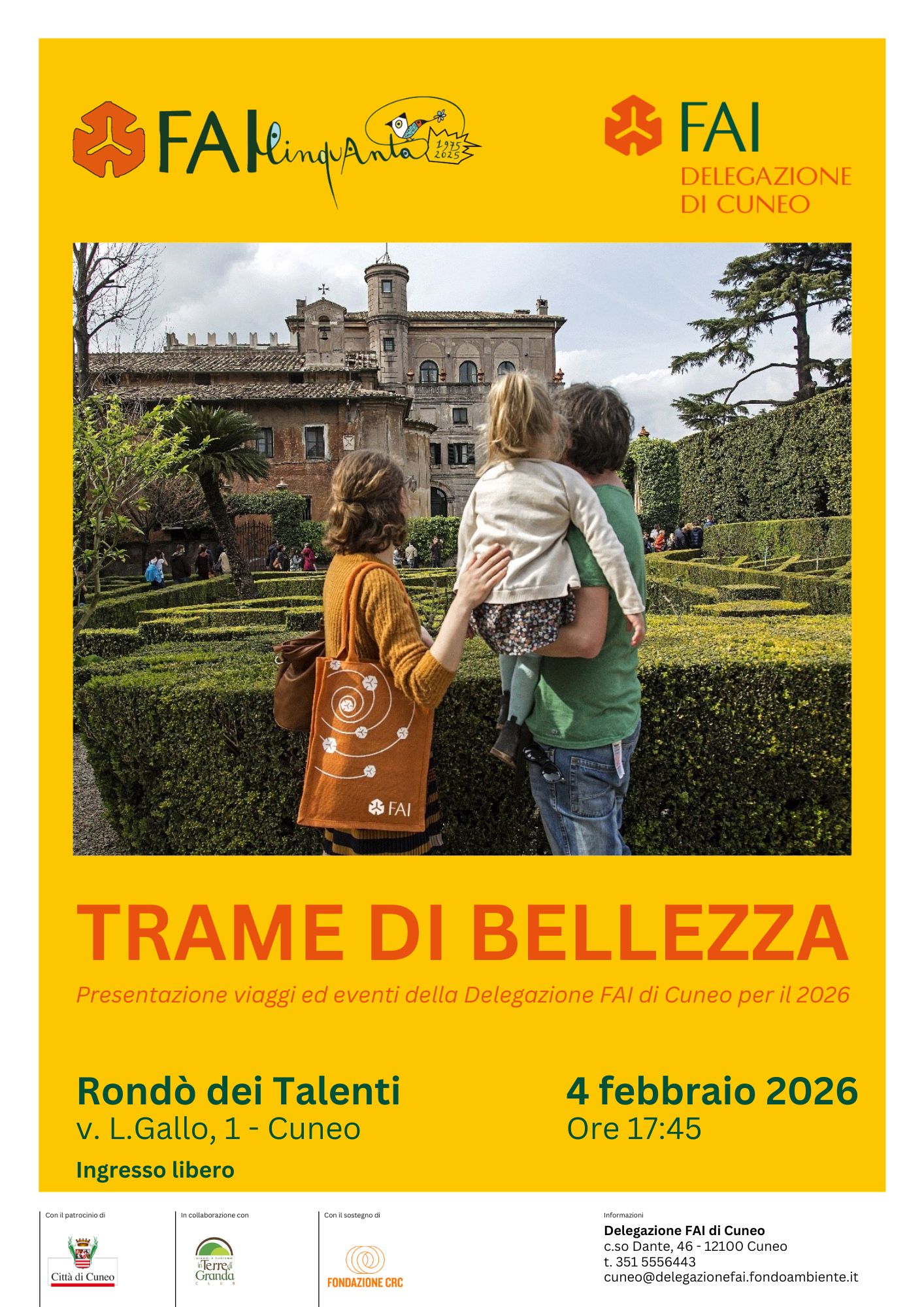 Trame di bellezza. Presentazione viaggi ed eventi della Delegazione FAI di Cuneo per il 2026 Trame di bellezza. Presentazione viaggi ed eventi della Delegazione FAI di Cuneo per il 2026